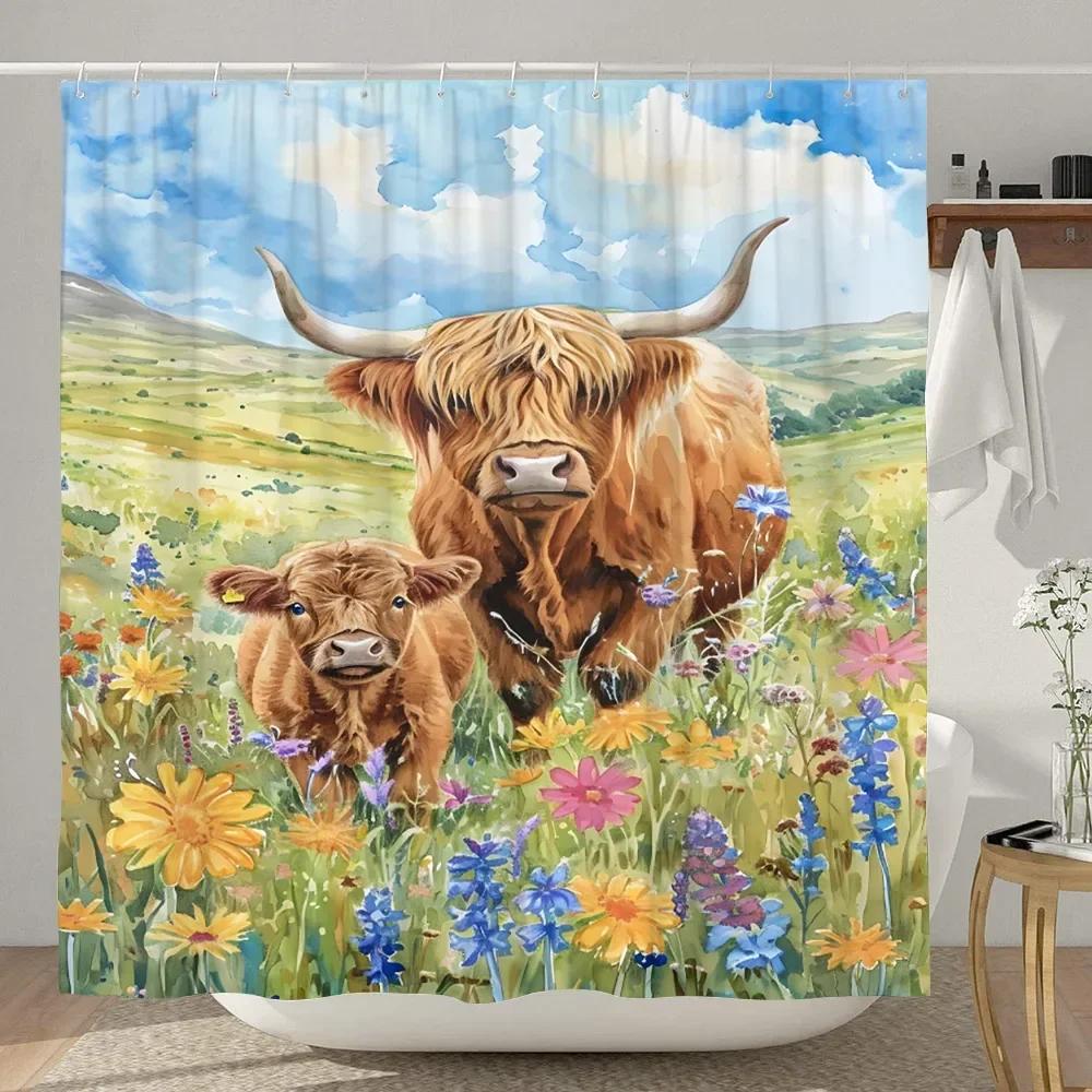 Lustiger Highland-Kuh Duschvorhang Rustikaler Landhausstil Kuh Cartoon Tier Kinder Badevorhang Polyesterstoff Heim Badezimmer Dekor