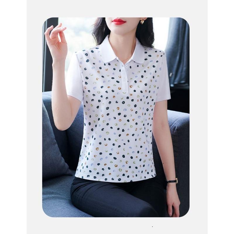 

women s Colorful Polka Dot Print Polo Collar Short Sleeve T‑Shirt Loose Plus Size Summer Casual Mom Blouse Top 4XL білий