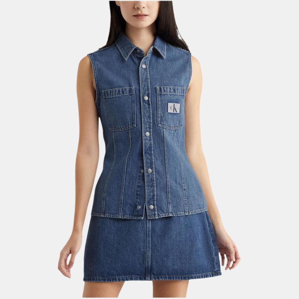 Calvin Klein Jeans Solid Color Lapel Single-Breasted Sleeveless Vest Women Vests Blue J223699-1A4