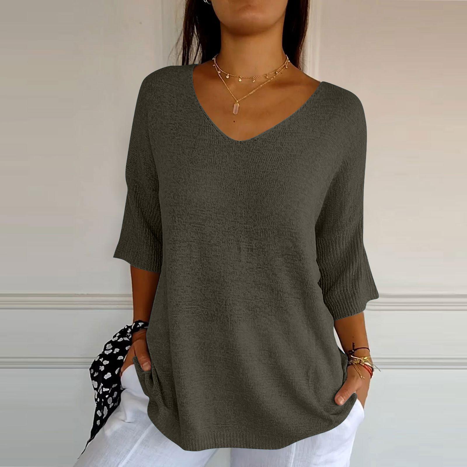

Женский тонкий свитер, рубашка с v-образным вырезом, свободный топ с семью рукавами XXL