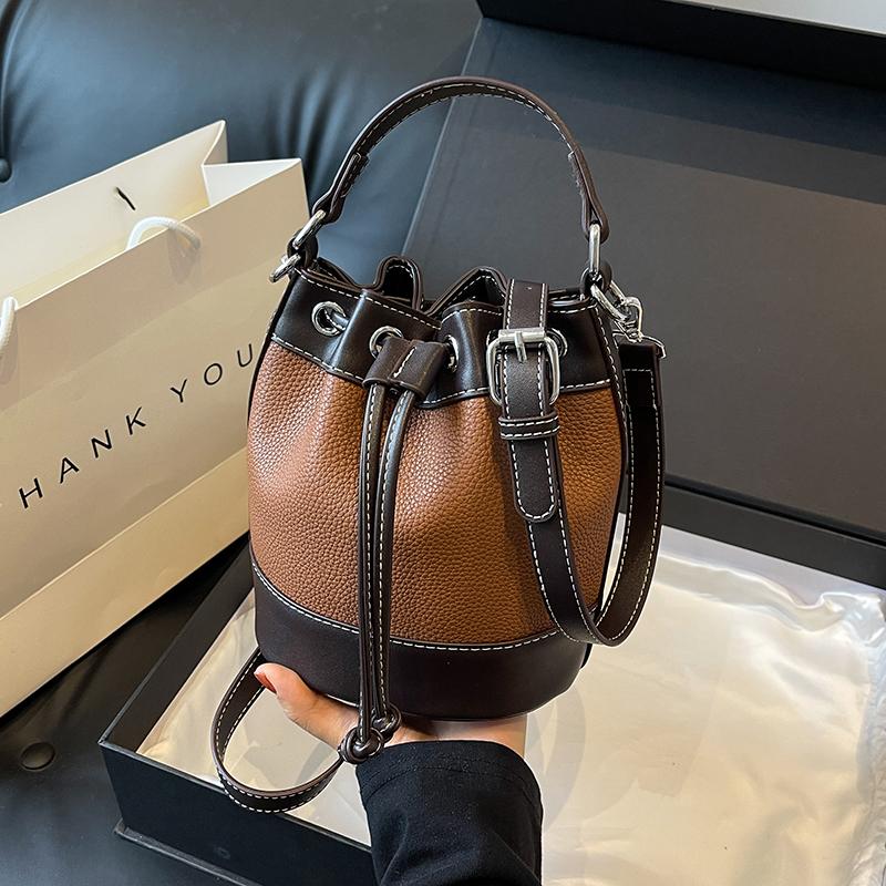 Luxury Designer Bucket Crossbody Bag  New Women Drawstring Vintage Handbags High Quality Patchwork Leather Shoulder Bags