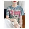 2026 Summer New Women's Round Neck Loose Tie-Dye Cartoon Cat Print Short Sleeve T-Shirt Top