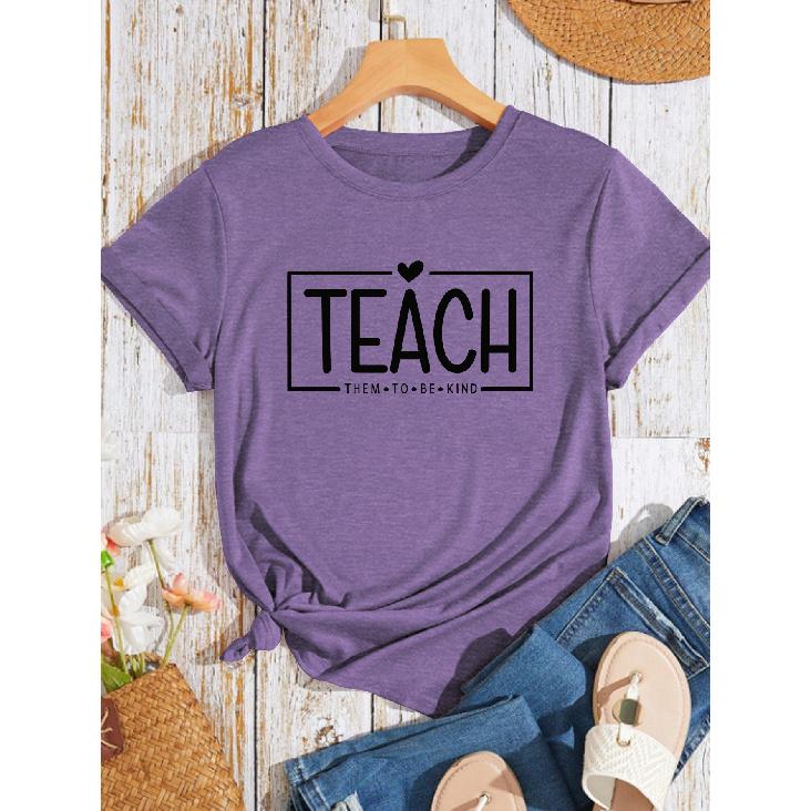Simple, elegant, lively, and cute for parties T Shirt TEACH THEM TO BE KIND Heart-printed teacher-themed top with casual sleeves and a vintage S фиолетовый
