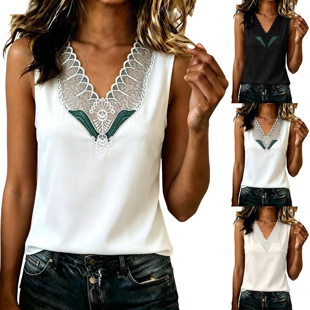 Women Sleeveless Lace V Neck Tank Top Casual Loose Fit Blouse Soft Lightweight Pullover Vest for Daily Wear Office School Travel