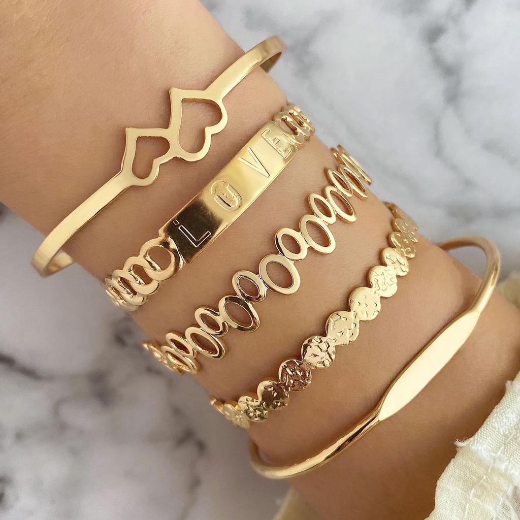 European & American 5-Piece LOVE Bracelet Set: Creative Hollow Bangles with Double Heart Design