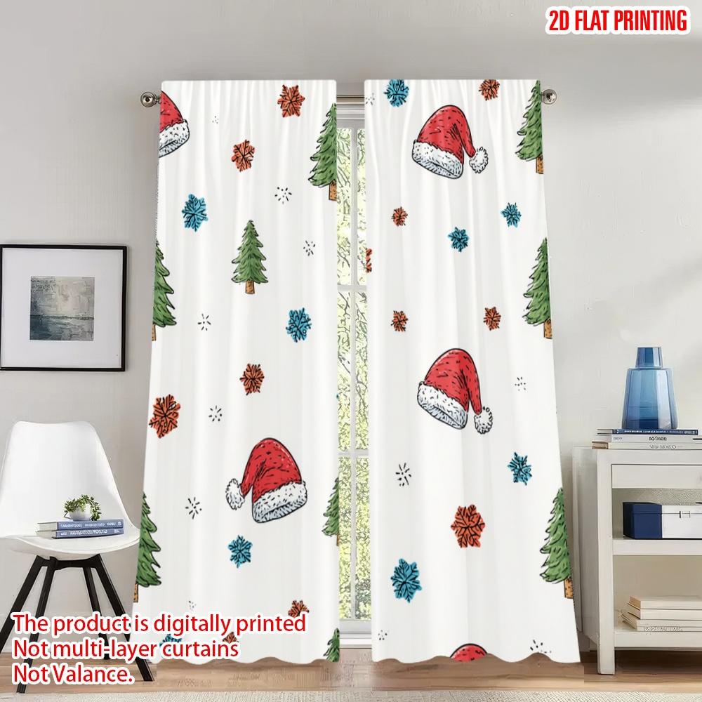 

2pcs 2D flat printing Christmas Scene Curtains Christmas Hat Tree Snowflakes Digital Printed Polyester Drapes Family Party for 100*130 Grommet Top 1pcs