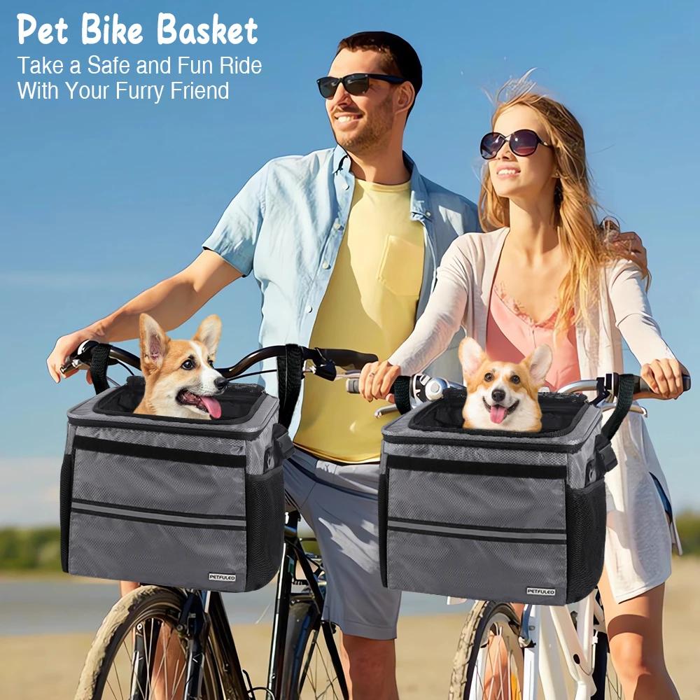 Dog or Cat Bike Basket, Expandable Soft Sided Pet Carrier Backpack with 4 Open Doors, Foldable Dog Bike Carrier