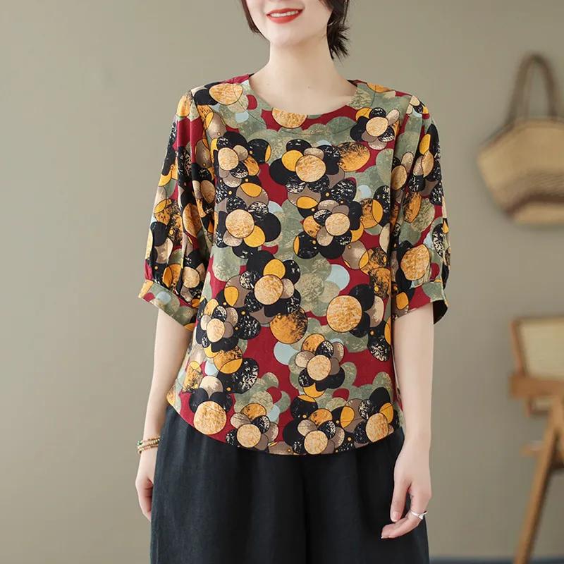 Cotton and Linen Printed Shirt, Round Neck, Short-sleeved T-shirt, Women's Loose Mother's Wear