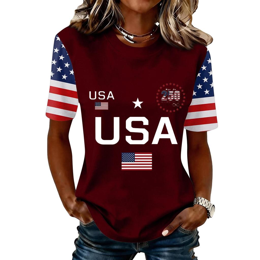 Blusa Feminina da Moda Casual de Manga Curta com Estampa e Gola Redonda