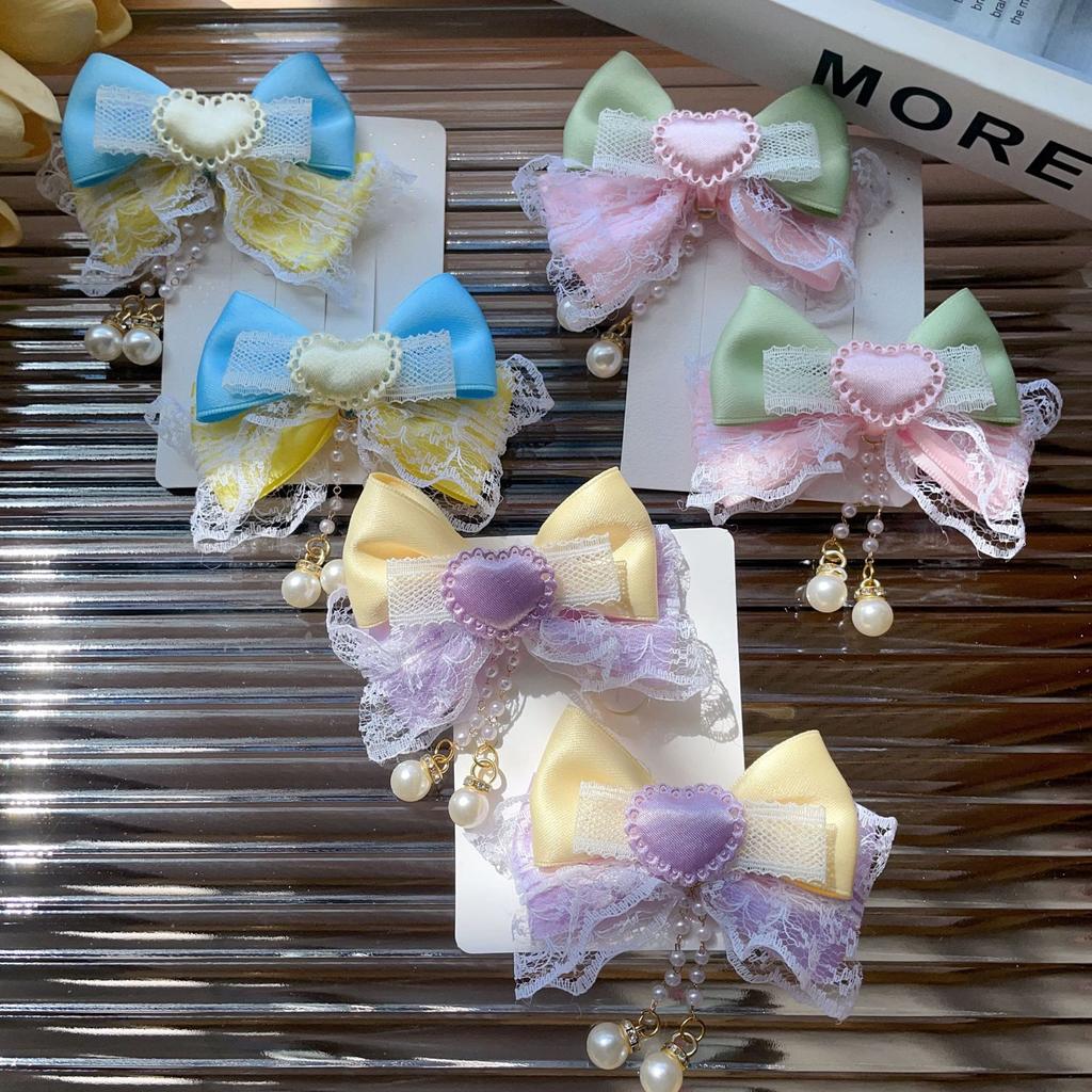 2PCS fabric girl bow handmade hair clip cute double ponytail children's pair clip edge clip dopamine headband