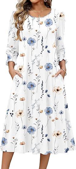 Women's Summer, Pocket Seven-Sleeve Floral Medium and Long Casual Dress