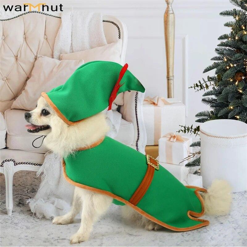 

WarmHut Рождественский костюм для собаки, зеленый рождественский костюм эльфа с котом, забавное платье для косплея с домашним животным, флисовая одежда для щенка, теплая одежда