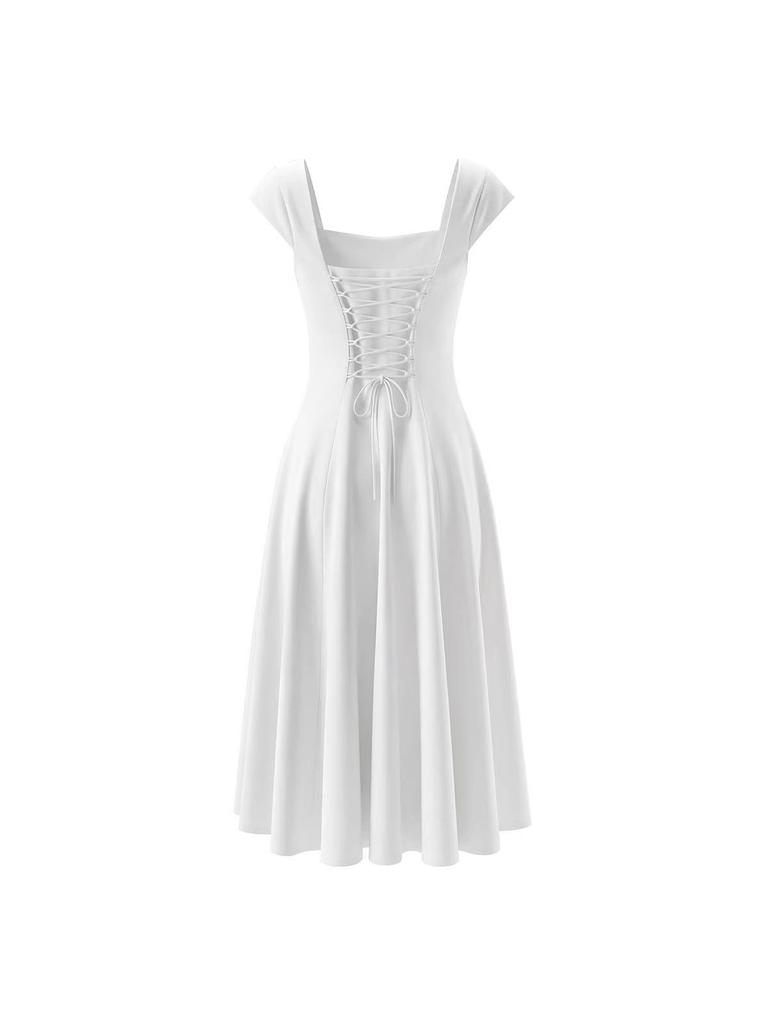 2025 Autumn/Winter Women's Retro Square Neck Dress with Hollow Back and Tie-up Detail