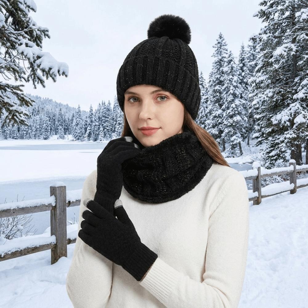 3pcs Cute Pompom Hat Scarf Gloves Set Solid Color Beanie Hat Comfortable Knitted Hat Kids