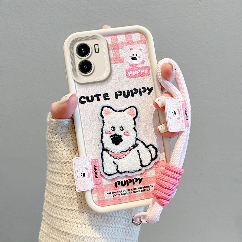 KEYSION Cartoon Cute Plush Embroidery Case for VIVO Y15S Y15A with Lanyard Soft Silicone Shockproof Phone Cover for VIVO Y16 Y01