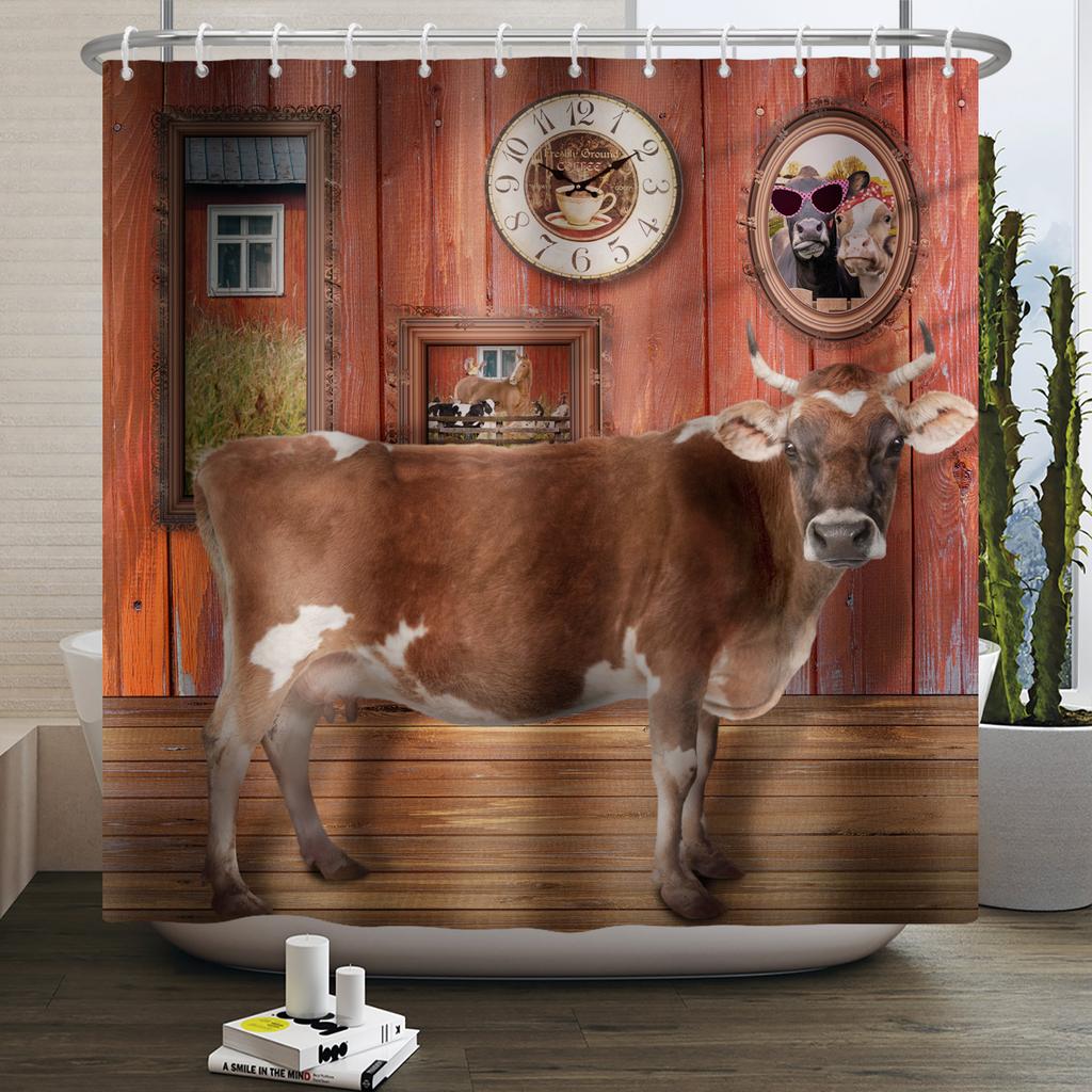 Bauernhoftiere Duschvorhang Niedlich Lustig Kuh Huhn Schwein Blume Pferd Holz Bauernhaus Scheune Rustikal Duschvorhang für Badezimmerdeko