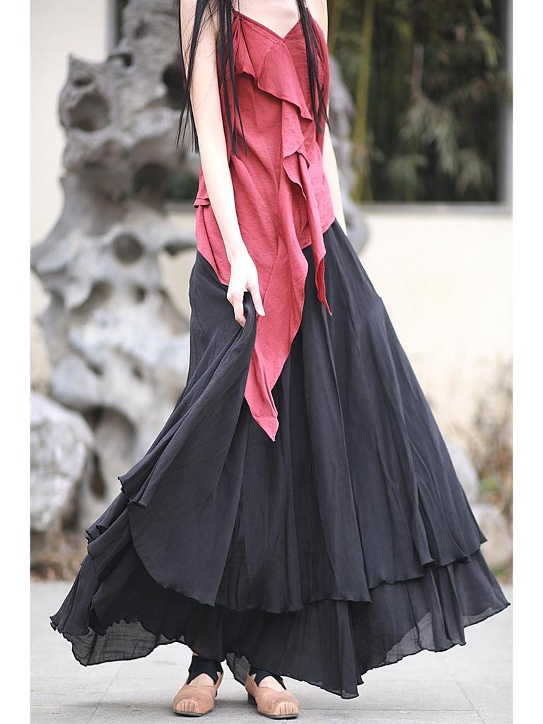 25 Jarní/Letní Chladný Tón Tencel Bambus Vrstvená Dvouvrstvá Maxi Swing Midi Sukně
