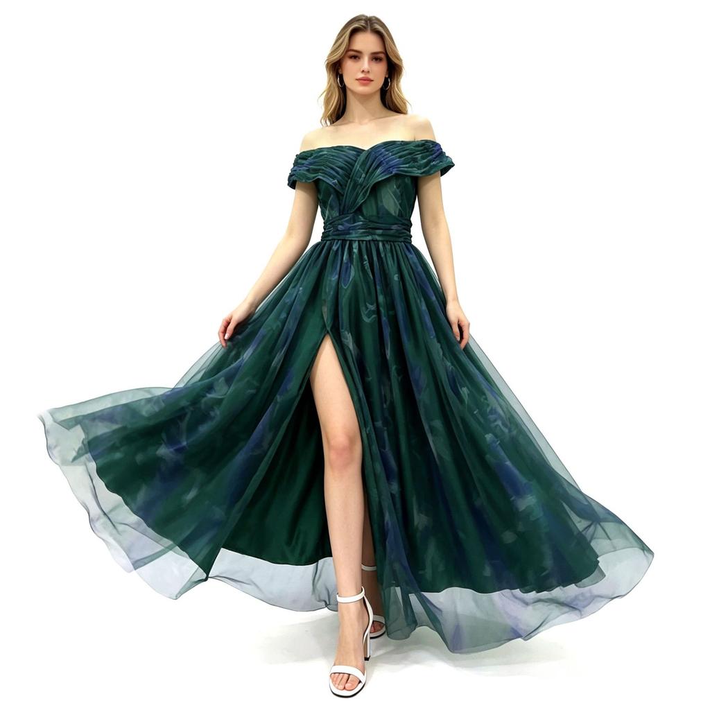 Cosplay haute couture oil painting dark green shoulder evening dress, mesh pleated waist split skirt, light luxury dinner dress