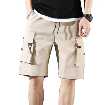 Summer Men Elastic Waistband Drawstring Shorts Multi Pockets Solid Color Straight Wide Leg Mid-rise Sport Cargo Shorts Streetwear