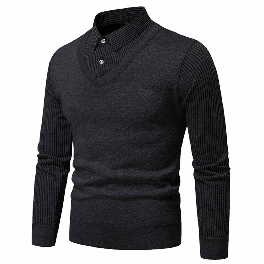 Men's Solid-color Casual Faux Two-piece Striped Pullover Knitted Sweater, Men's Square-neck Long-sleeved Knitted Warm Sweater