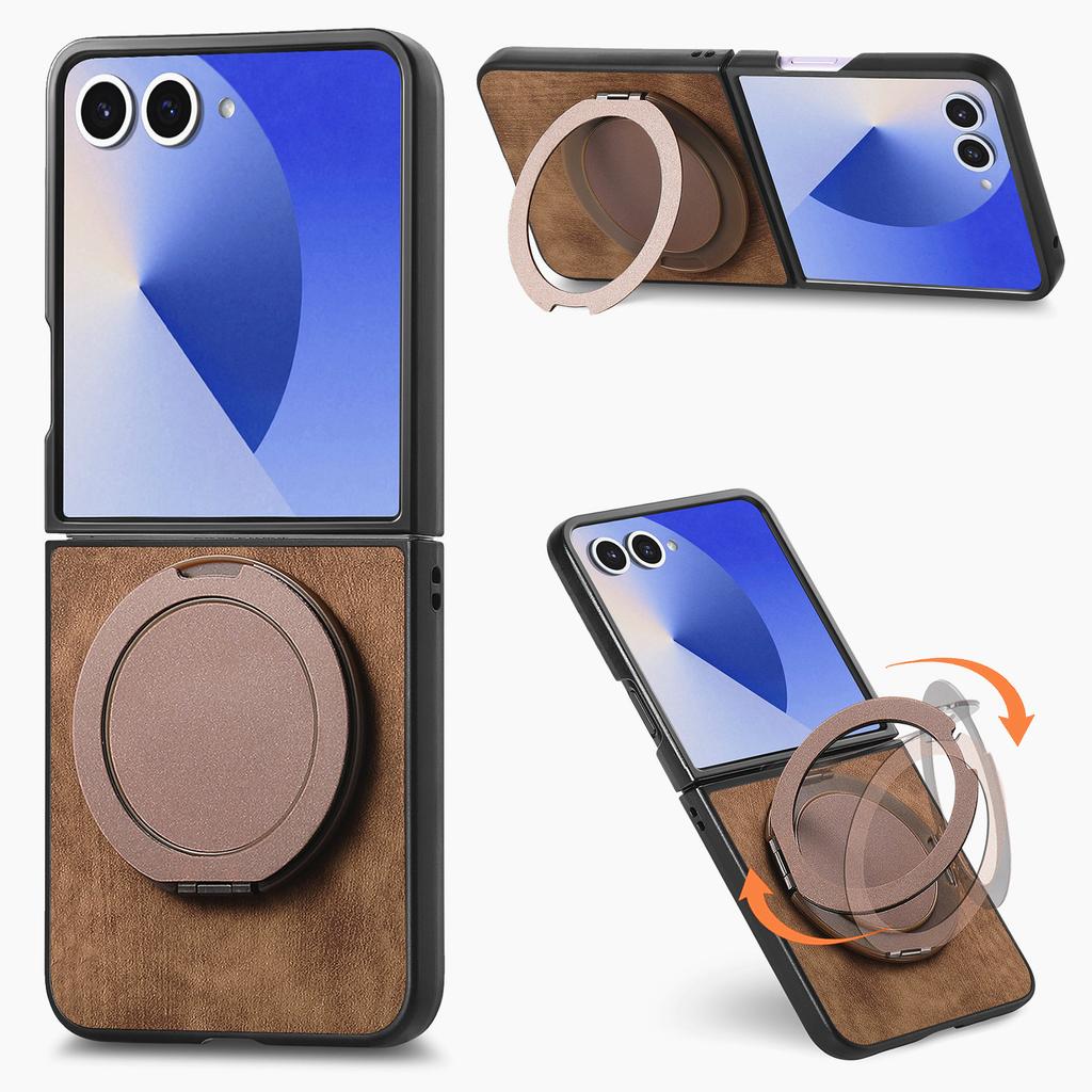 For Samsung Galaxy Z Flip7 5G Phone Case with Rotating Kickstand Stress Relief Retro Leather Back Cover