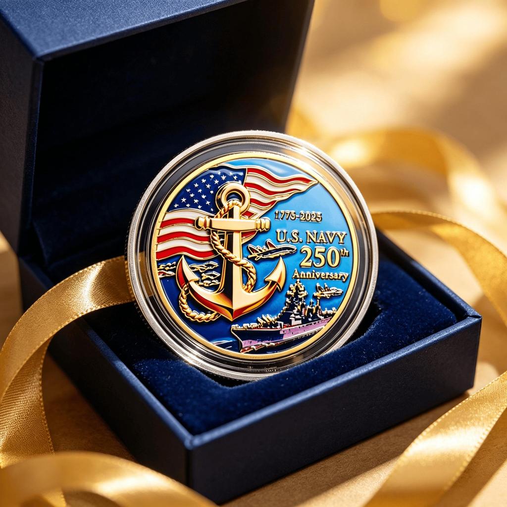 US Navy 250th Anniversary Metal Relief Coin & Badge Gift Set