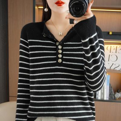 Mehrknopf-Rundhals-Unterhemd für Damen im Herbst und Winter, Allround-Pullover, lockeres gestreiftes Andy-Samt-Warmtop, Strickstil