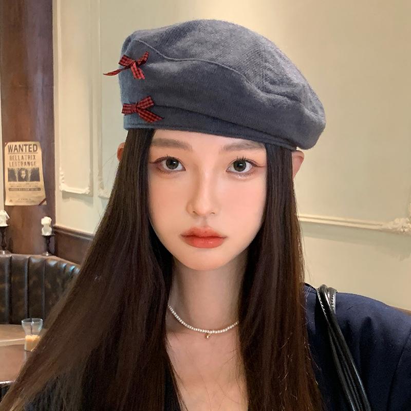 Sweet and Cute Versatile Bow Beret Autumn and Winter Casual Korean Version Big Head Painter Hat Fashion Newspaper Boy Hat