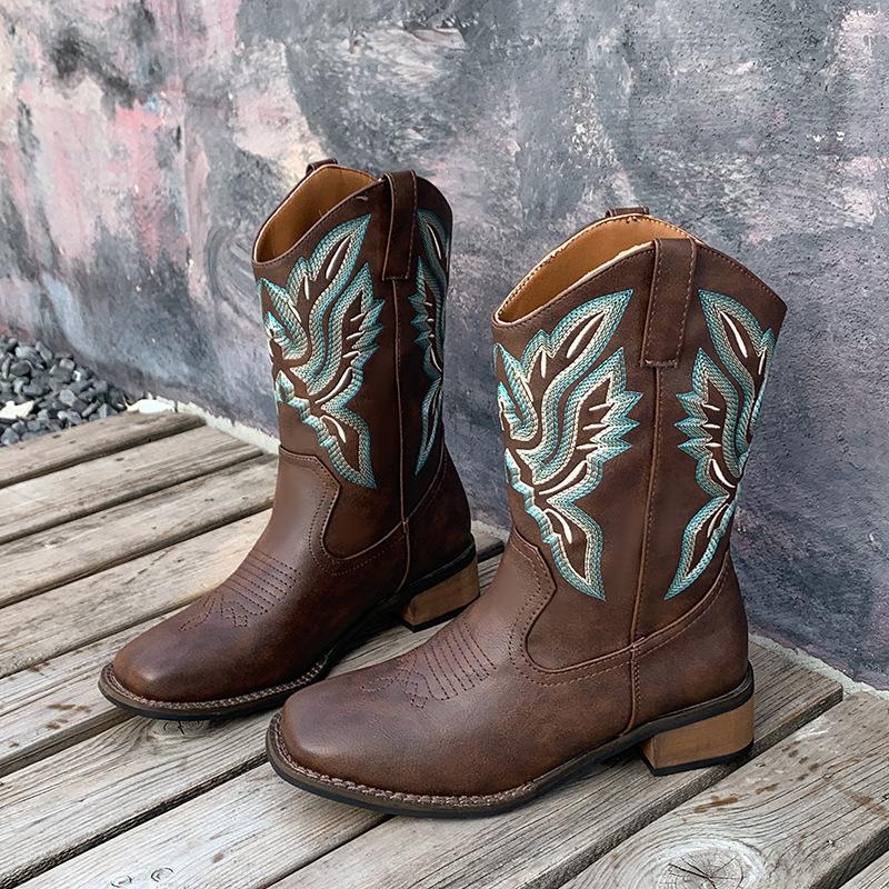 

Женские ковбойские сапоги с вышивкой на каблуке, новинка 2025 года, сапоги-чулки с V-образным вырезом, ретро сапоги-мартин средней длины с квадратным носком 40