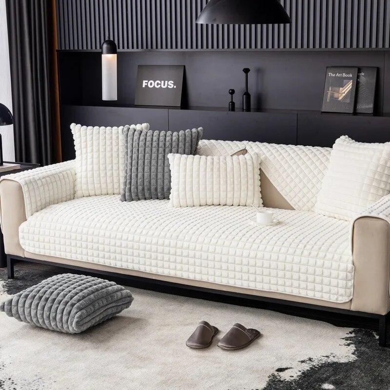 Solid Color Sofa Cover Universal Plaid Plush Non-Slip Thickened Living Room Sofa Cover Modern Sofa Cushion Armrest Back Towel