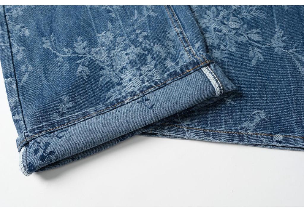 Pantaloni Larghi in Denim Jacquard Blu da Donna - Stile Retrò Designer a Lunghezza Pavimento