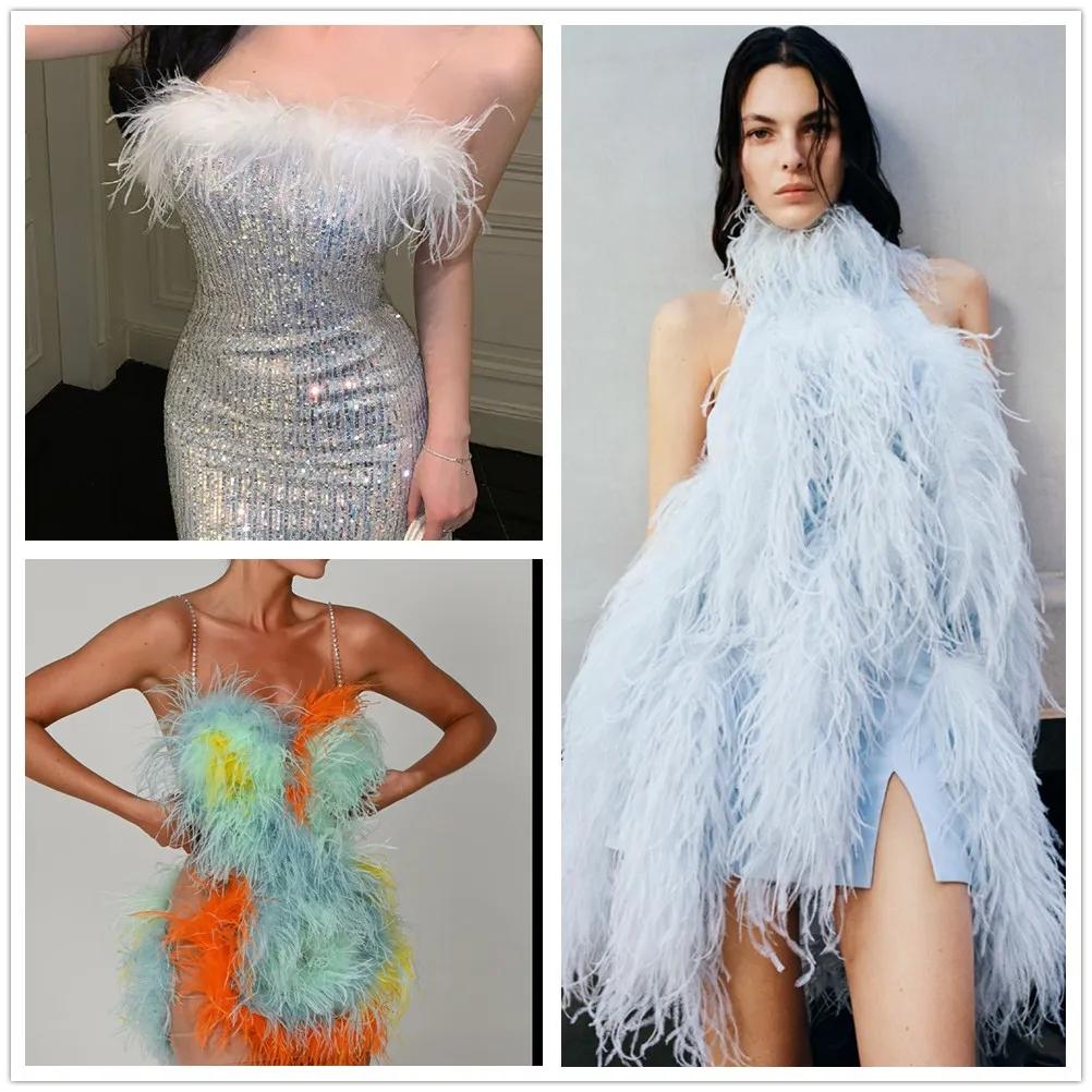 1Meter Colorful Real Ostrich Feather Trims Ribbon 8-10cm White Plumes for Party Dress Clothing Decoration Sewing Feathers Crafts