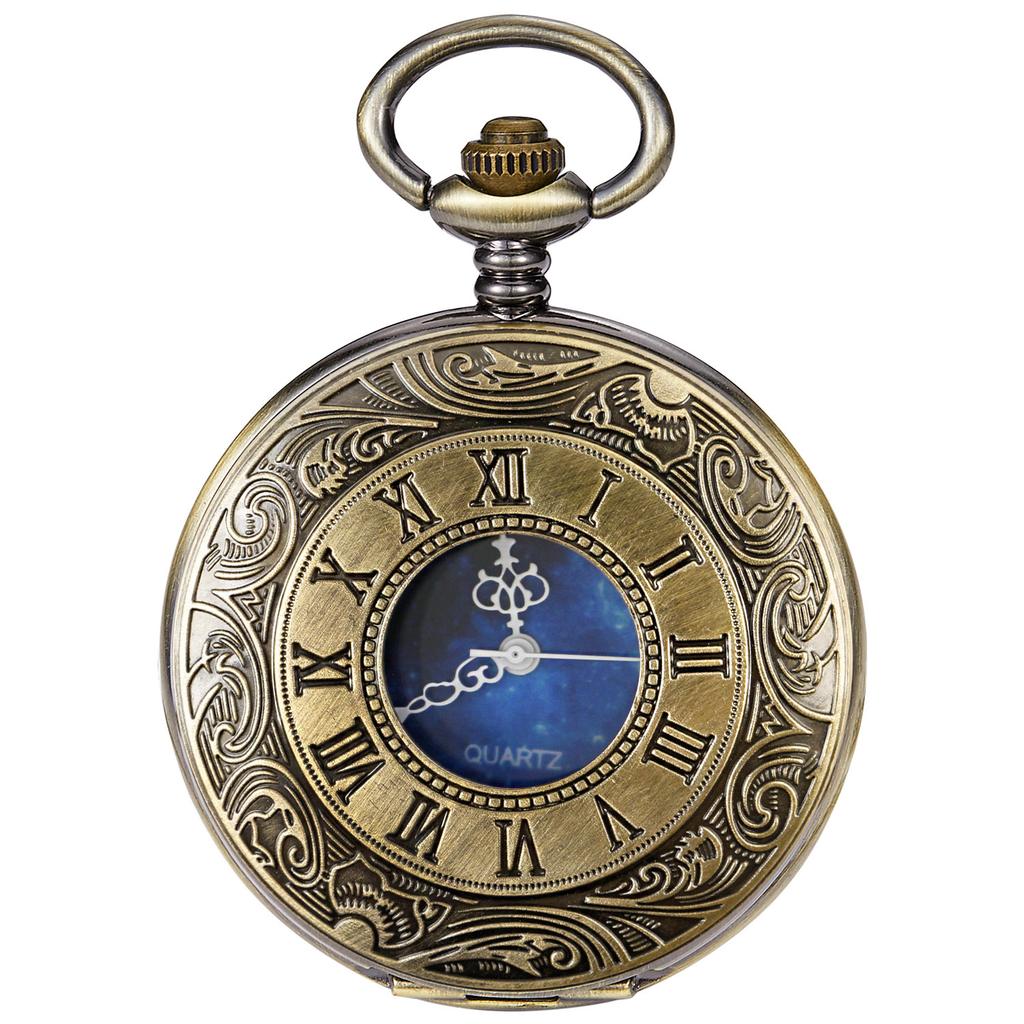 Pocket Watch Hollow Blue Starry Design Roman Numerals Vintage Quartz Pocket Watch with Chain Men's Pocket Watch