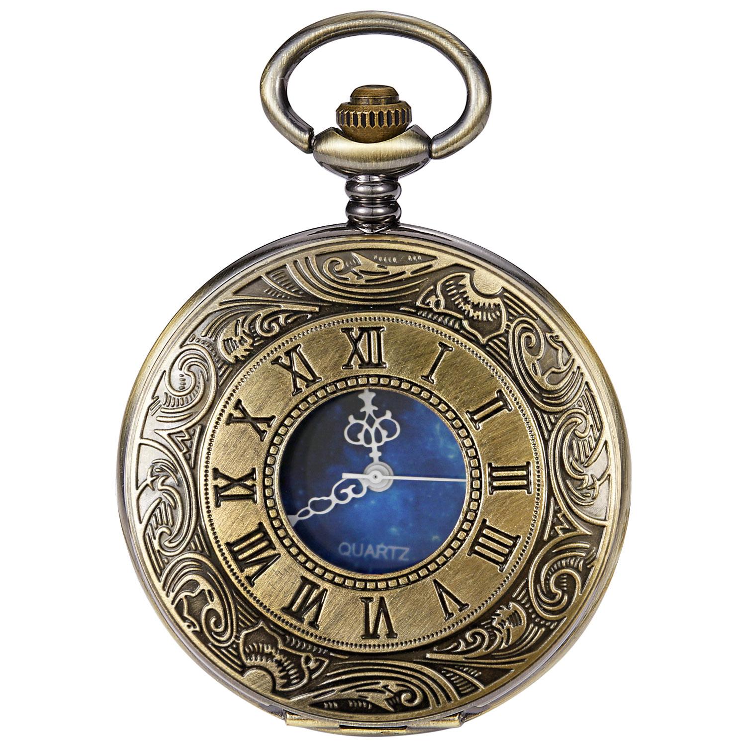 

Pocket Watch Hollow Blue Starry Design Roman Numerals Vintage Quartz Pocket Watch with Chain Men s Pocket Watch