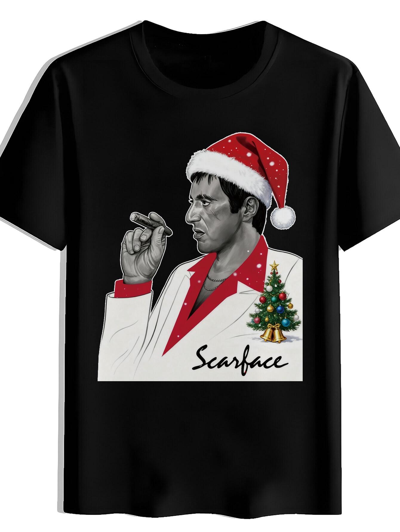 T-shirt Christmas Hat Character Print - Short Sleeve Round Neck Summer Casual Top with Santa XS