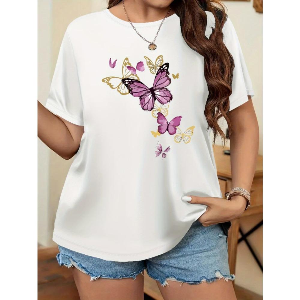 Butterfly Floral Print Women T-Shirt Summer Casual Short Sleeve Crewneck Tops Oversized Boho Flower Graphic Tee Summer Tops