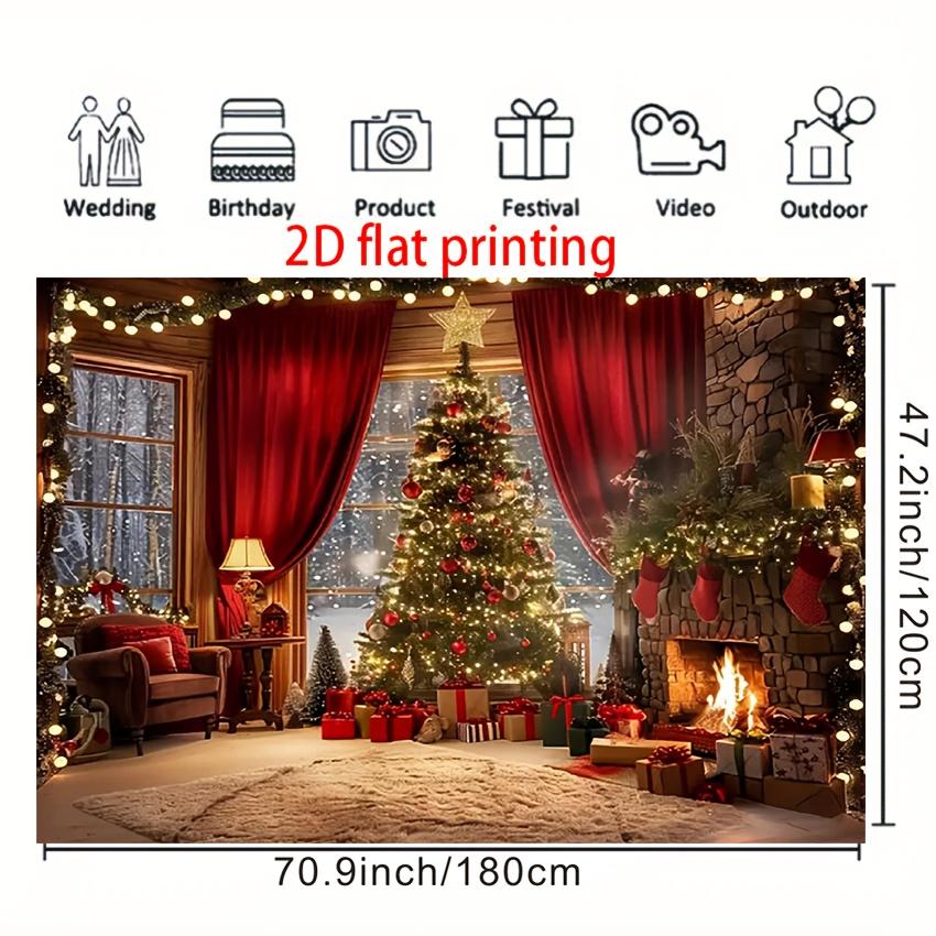 2D FLAT1PC Winter Christmas Background Cloth, Warm Room Christmas Tree Gift Box, Fireplace Design Background