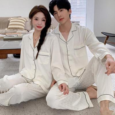 Couple's Ice Silk Pajama Set: Spring/Autumn, Long-Sleeve, Loose Fit, Plus Size Options
