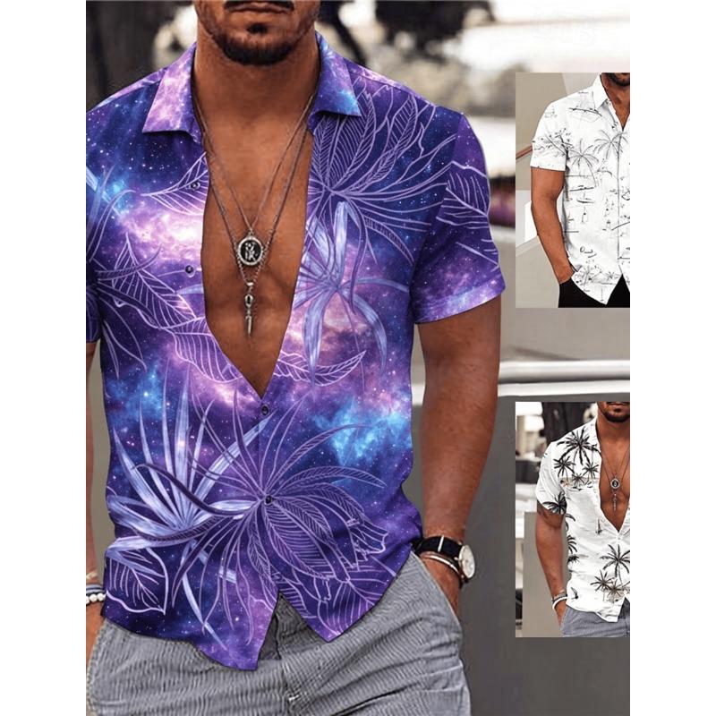 Men's Gradient Tropical Palm Leaf Print Short Sleeve Shirt, Casual Hawaiian Button Up Shirt for Spring Summer
