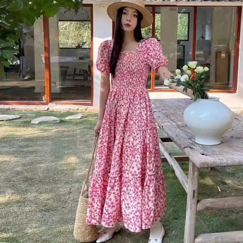 Gentle wind French square collar floral dress women's summer annual temperament vacation dress long