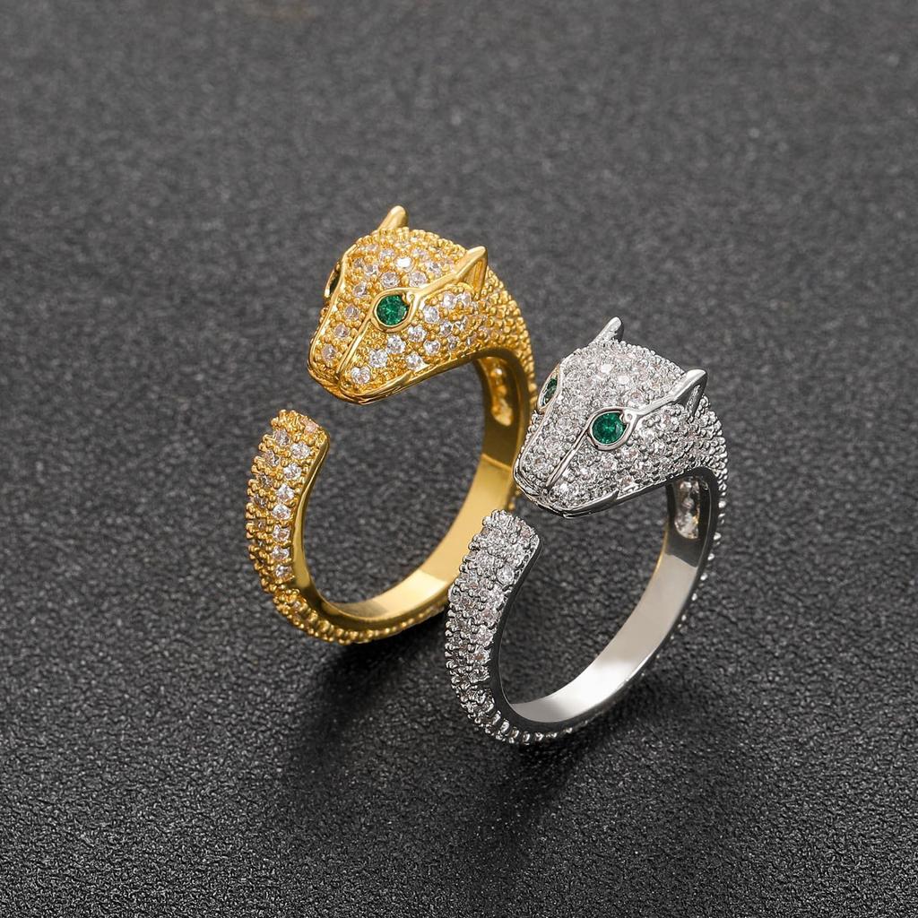 European and American Leopard Head Full Diamond Zircon Adjustable Open Ring - Fashionable and Versatile Couples' Accessory