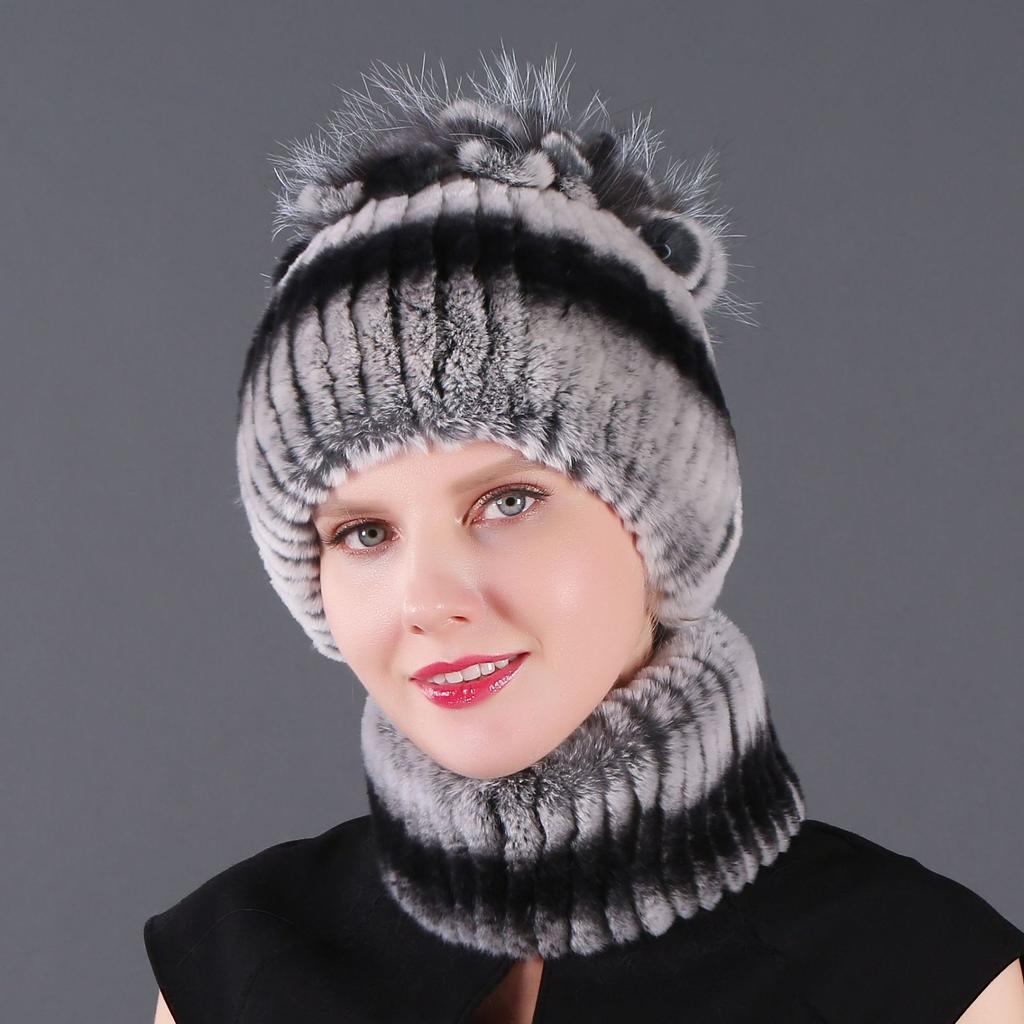 Women's New Rex Rabbit Short Dye Plus Black Fox Hair Hat Scarf Two-piece Set, Winter Warm Woven Fur Hat