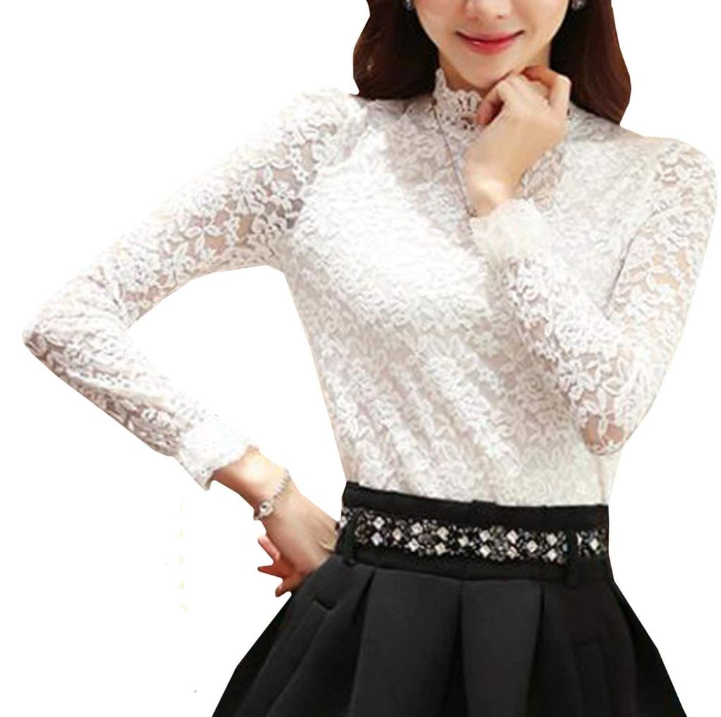 Lace Top High Neck Floral Long Innerwear [toasoa] Women's Blouse, Shirt, See-Through, Formal, Elegant, Print, Stand-Up Collar, Stretch, Sleeves,