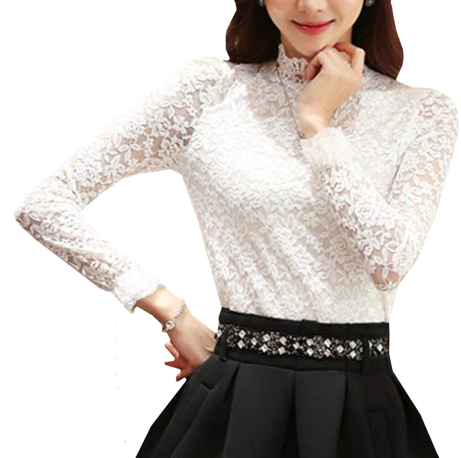 

Кружевной топ с высоким воротом, цветочный, длинный, нижнее белье [toasoa] Женская блузка, рубашка, прозрачный, формальный, элегантный, с принтом, воротник-стойка, тянущийся, рукава, белый