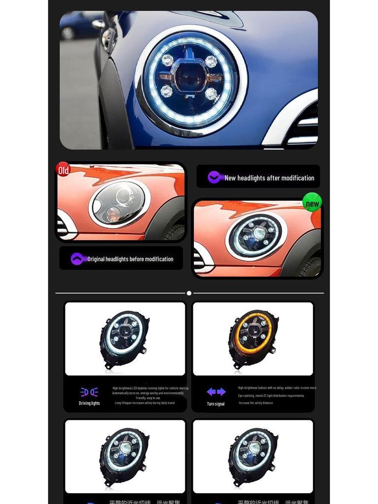 Compatible with 2014-2023 BMW Mini F56/F55 Headlight Assembly: Crystal DRL with Flowing Turn Signals.