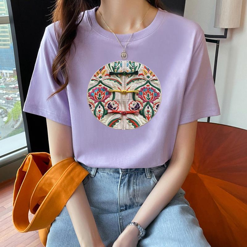 VEZFAA Women's Fashion Casual Summer Spring Flower Pattern Print Short Sleeve O-Neck Blouses & Shirts