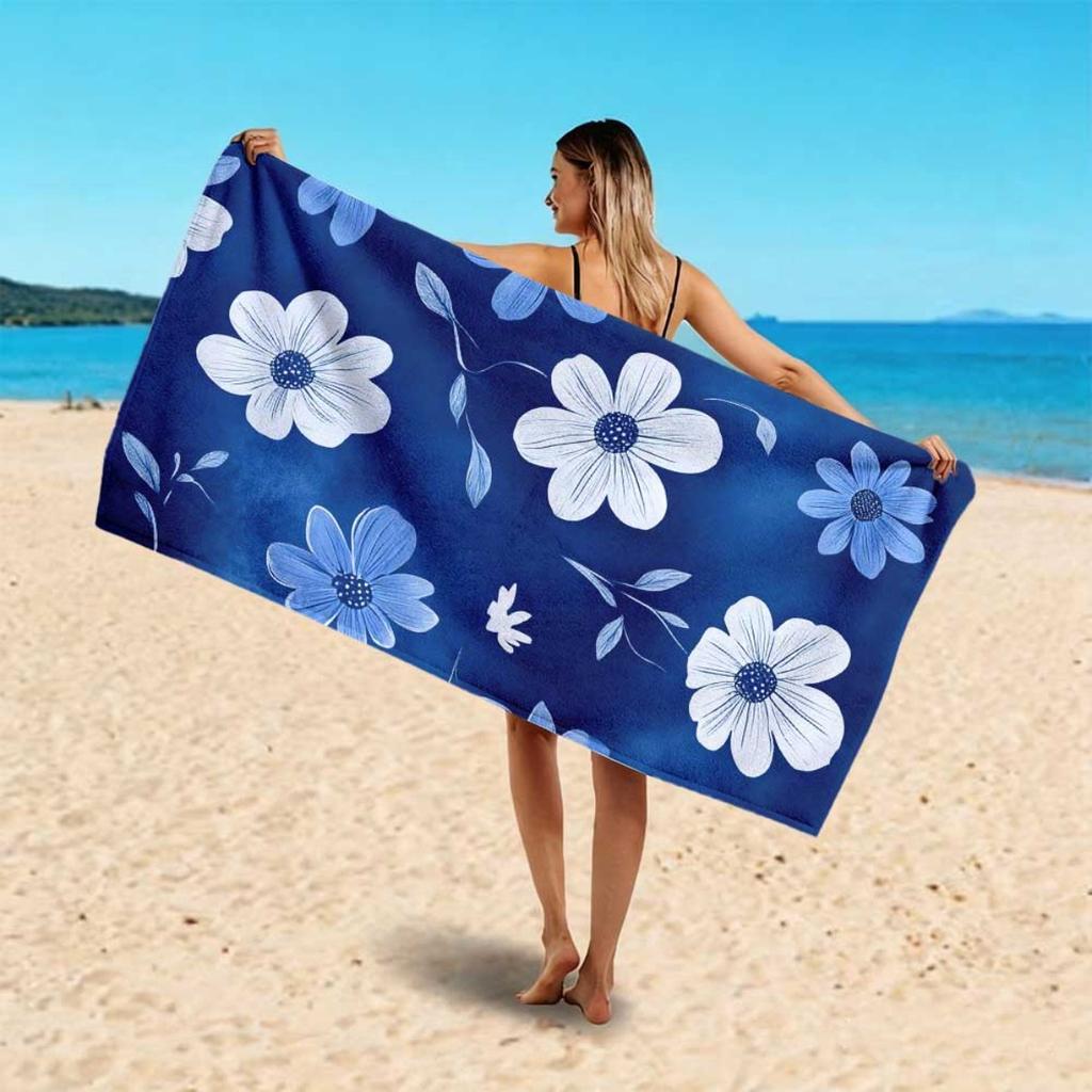 Floral Beach Towel Blue White Soft Quick Dry for Surfing Swimming Beach Vacation Outdoor Activity Birthday Gift