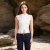 Women Tops Stand Collar Sleeveless Knot Button Short Tops Embroidery Lace Perspective Blouse Streetwear