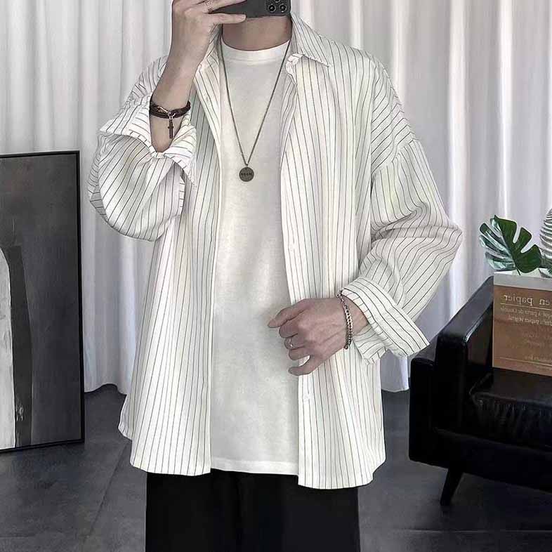 Herren Frühling und Herbst Plus Size Revers Peplum Einfarbig Langarm Gestreiftes Hübsches Hemd
