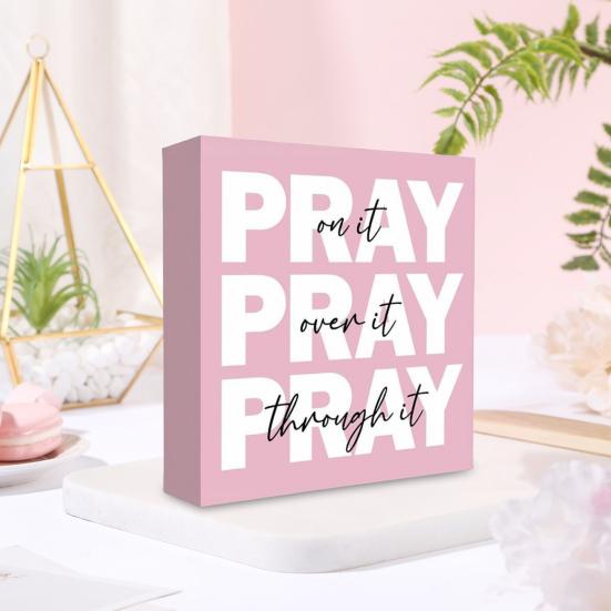 Pink Pray Sign Pray on It Pray Over It Pray Through It Women Girls Home Office Bible Room Bedroom Desktop Decoration Christian Gifts
